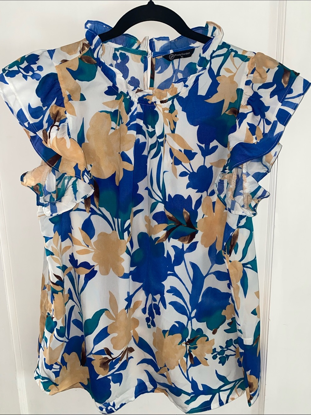 Floral Ruffle Sleeve Blouse in Blue and Tan